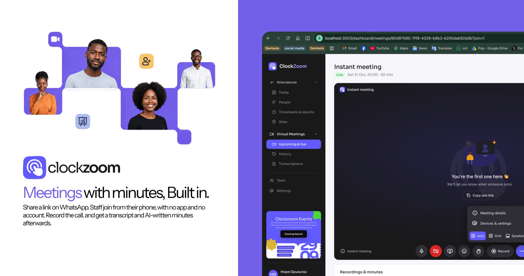 ClockZoom meetings: a grid of video participants beside the call screen, with the tagline Meetings with minutes, built in